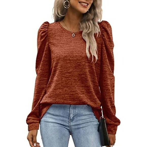 WEESO Puff Sleeve Tops For Women Fashion Crewneck Sweatshirts Brick Red Medium - Picture 1 of 1